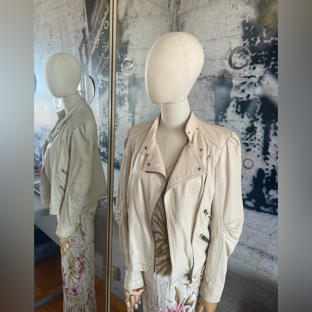ZARA Genuine Leather moto jacket in cream color, very unique design.